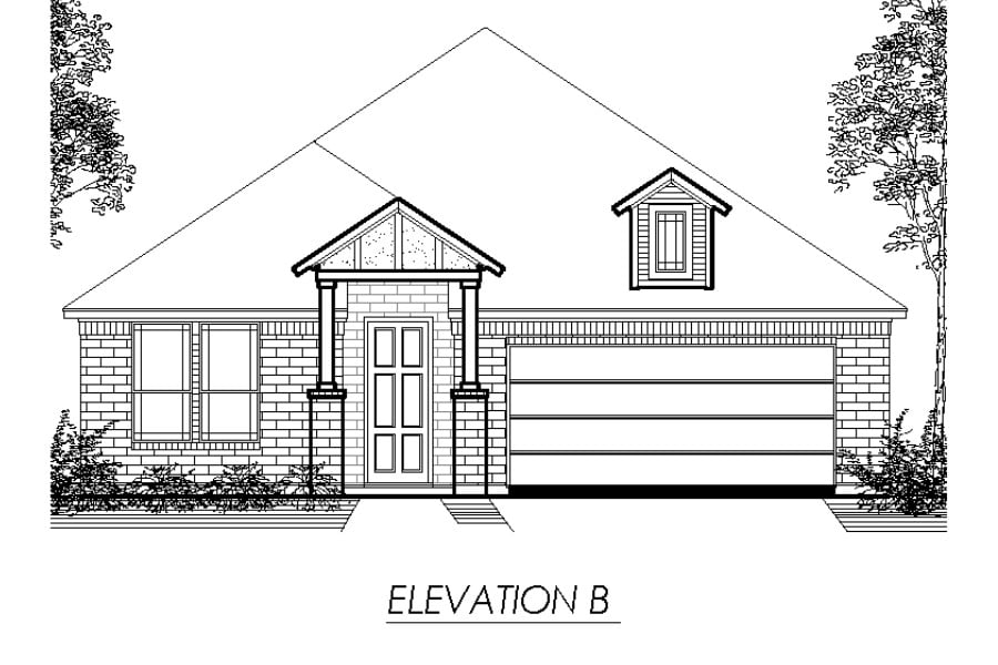 Architectural drawing of a single-story house front elevation with a gabled roof and attached garage.