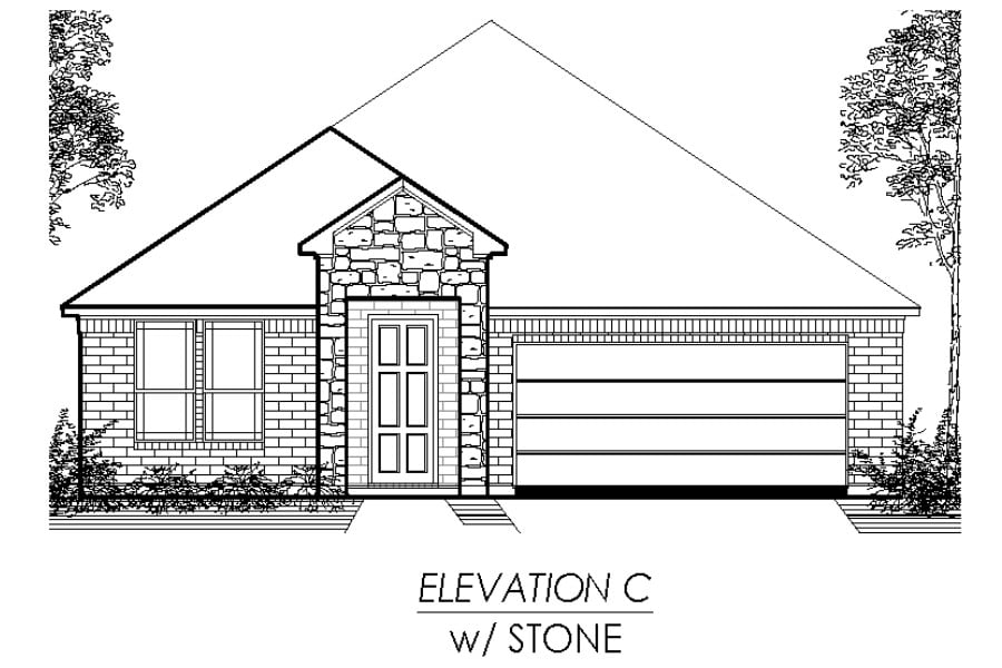 Architectural line drawing of a single-story house with a stone facade feature labeled "elevation c w/ stone.