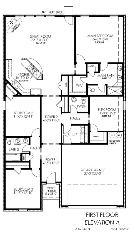Architectural floor plan of a two-story residential house's first floor, featuring three bedrooms, two bathrooms, kitchen, utility room, and a two-car garage.