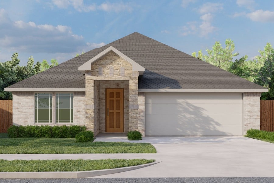 New single-story suburban home with stone accents and attached garage.