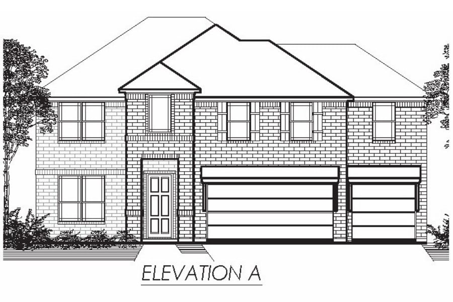 Architectural drawing of a two-story home with a double garage, labeled "elevation a".