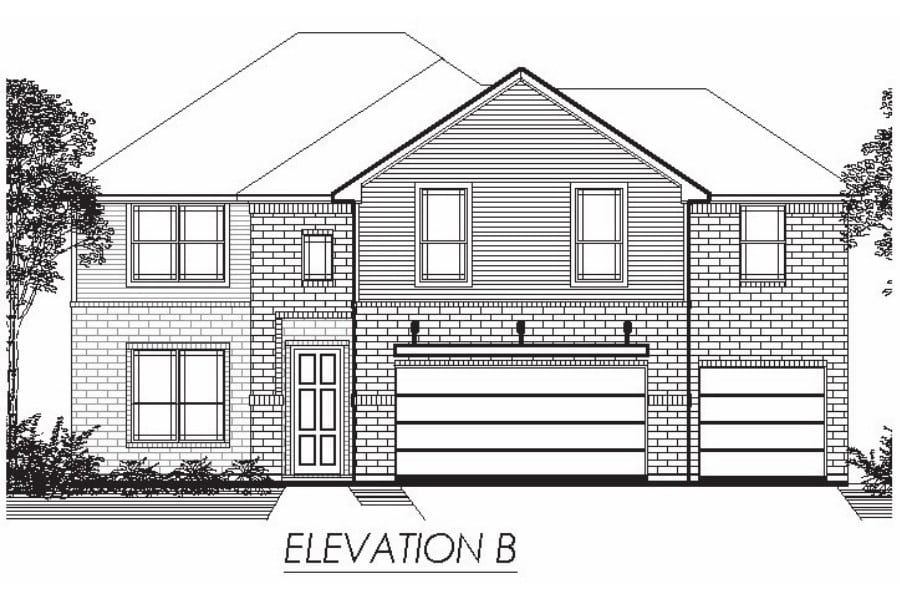 Architectural drawing of a two-story residential home, featuring a two-car garage and brick facade, labeled "elevation b.