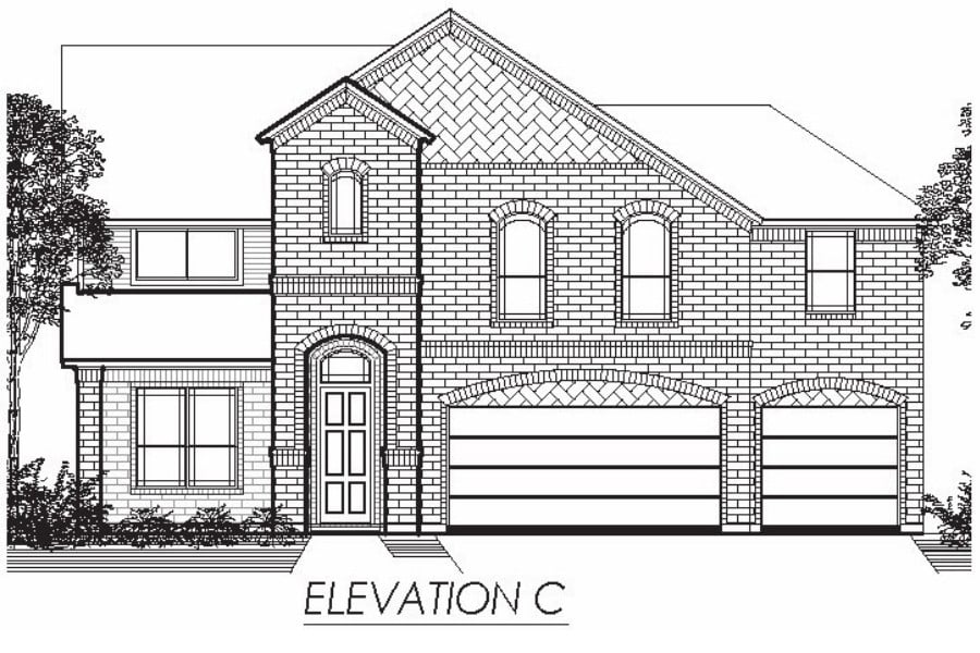 Architectural drawing of a two-story brick house with a double garage, labeled "elevation c.