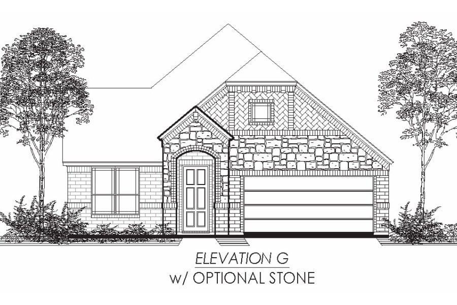 Architectural line drawing of a single-story house with an optional stone facade and a two-car garage, flanked by trees.