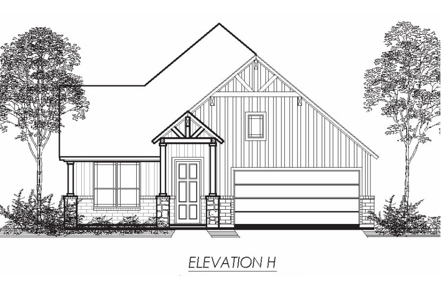 Architectural line drawing of a house front elevation with trees.