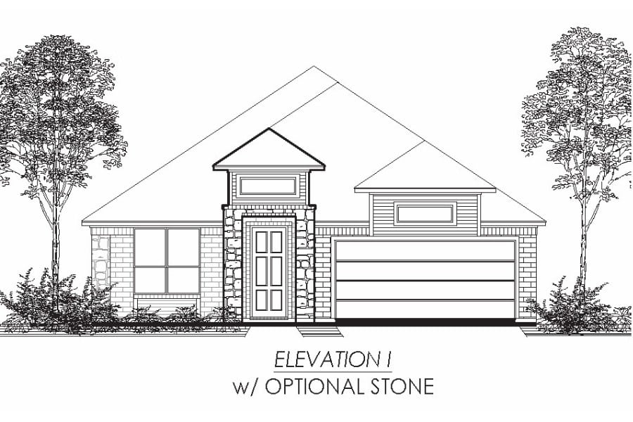 Architectural line drawing of a single-story house with optional stone elevation and surrounding trees.
