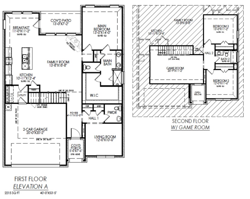 Black and white architectural floor plan for a two-story house with labeled rooms, including a game room on the second floor.