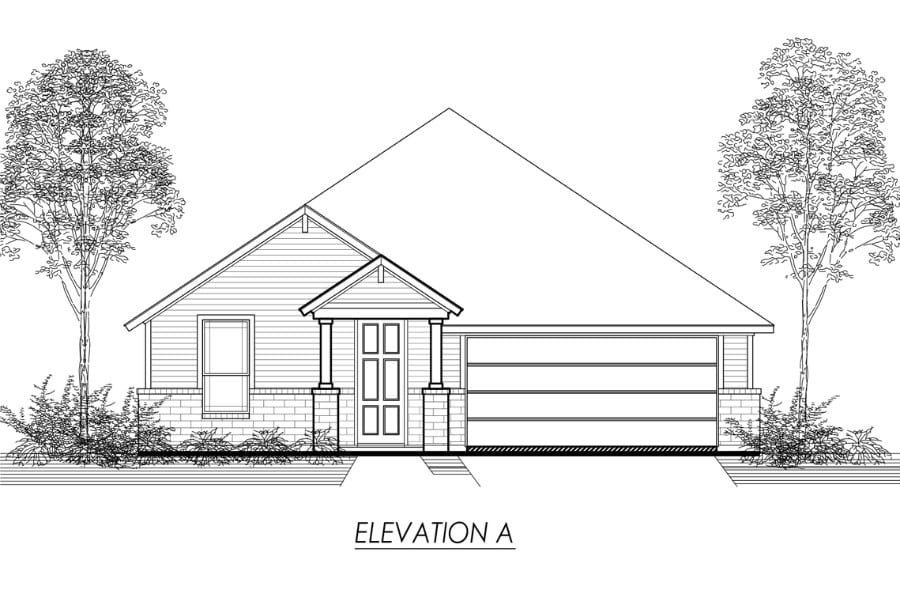 Architectural line drawing of a single-story house with a gabled roof and attached garage, labeled "elevation a.