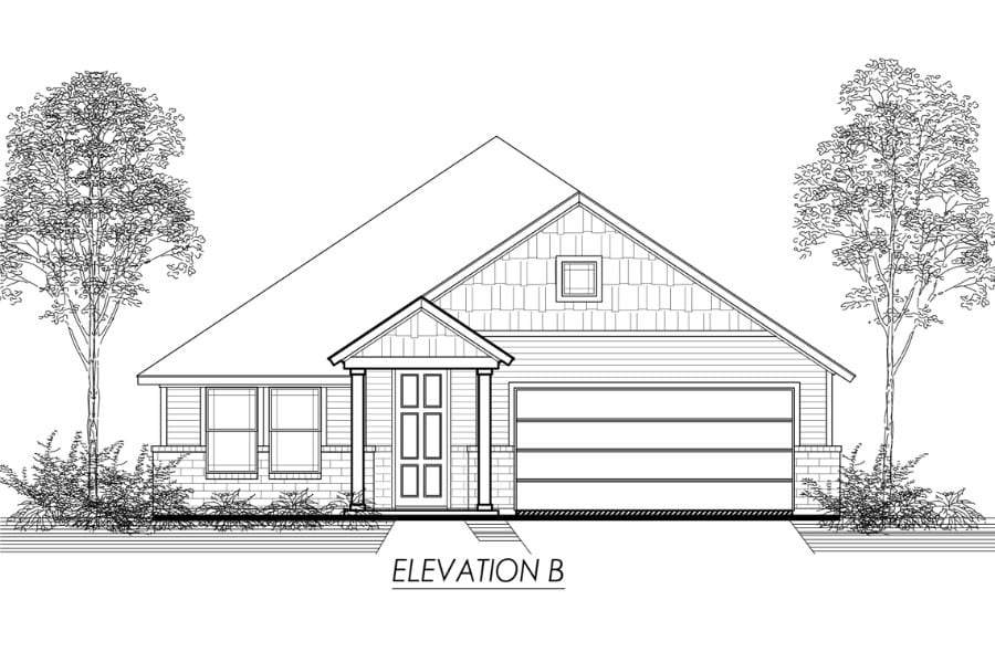 Architectural line drawing of a single-story house with a gable roof and attached garage, labeled "elevation b".