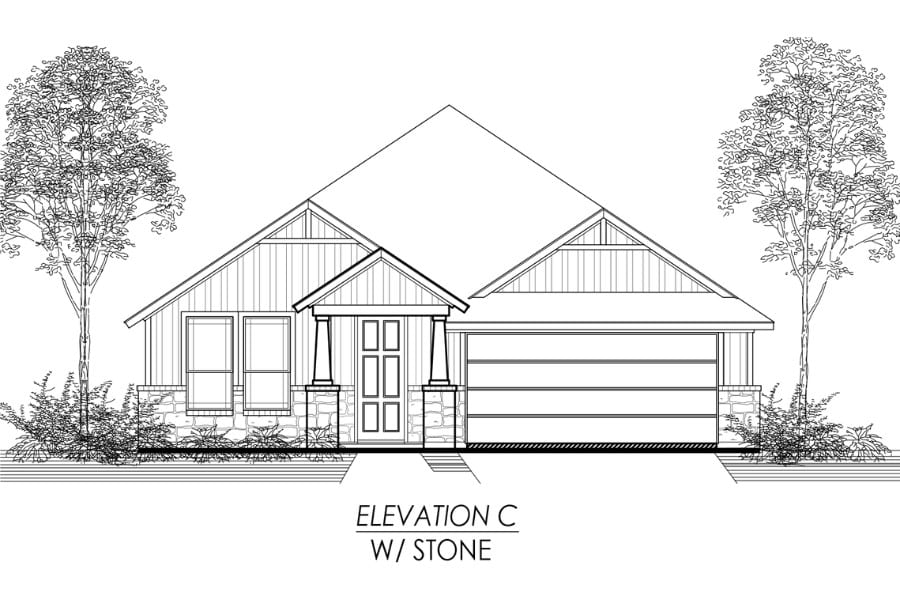 Architectural line drawing of a single-story residential house with a garage and stone detailing, labeled "elevation c w/ stone".