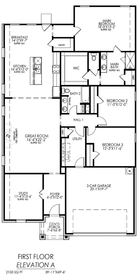 Black and white architectural floor plan of a single-story house with three bedrooms, a study, two bathrooms, a kitchen with breakfast area, a great room, utility space, a covered porch, and a two-car garage.