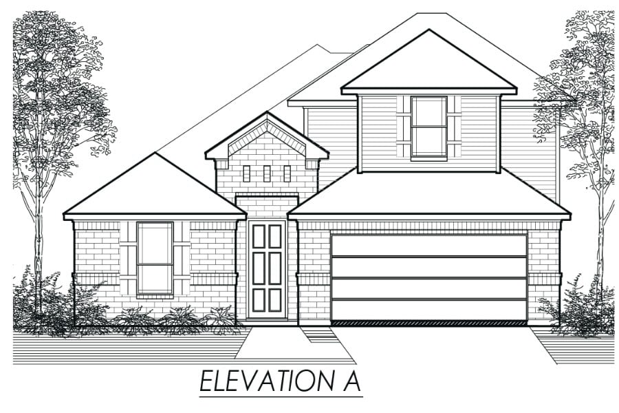 Architectural drawing of a single-family house elevation with a two-car garage.