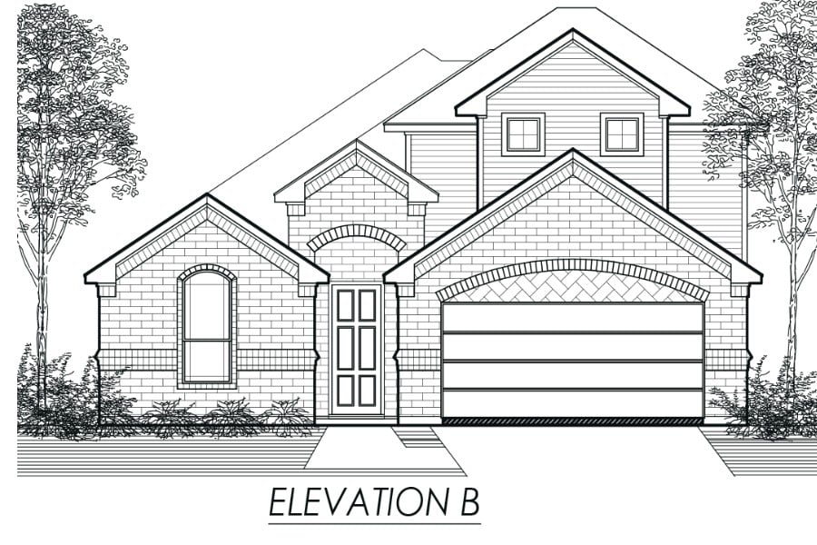 Architectural elevation drawing of a two-story residential house with a garage.