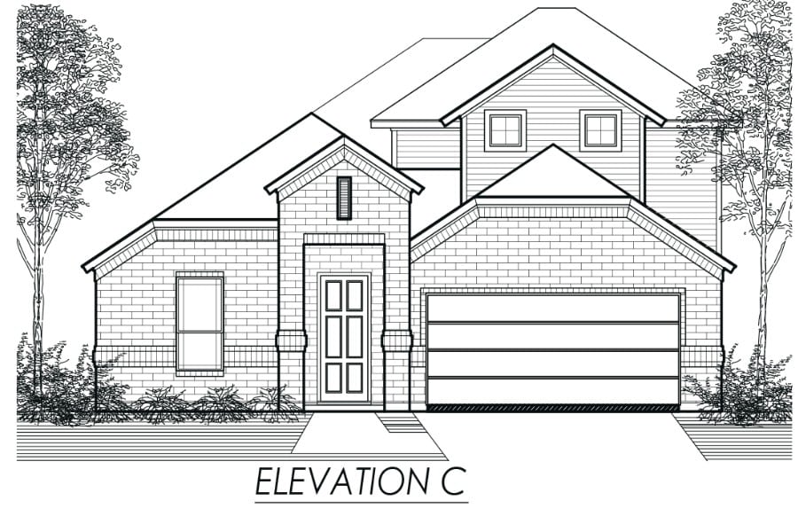 Architectural rendering of a two-story suburban house with a front-facing garage and trees, labeled "elevation c".