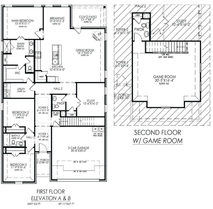 Architectural floor plan diagrams for a two-story house with labeled rooms and dimensions.