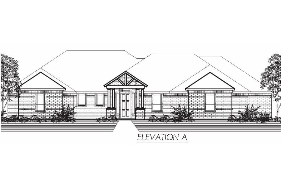 Architectural drawing of a single-story residential home front elevation, labeled "elevation a".