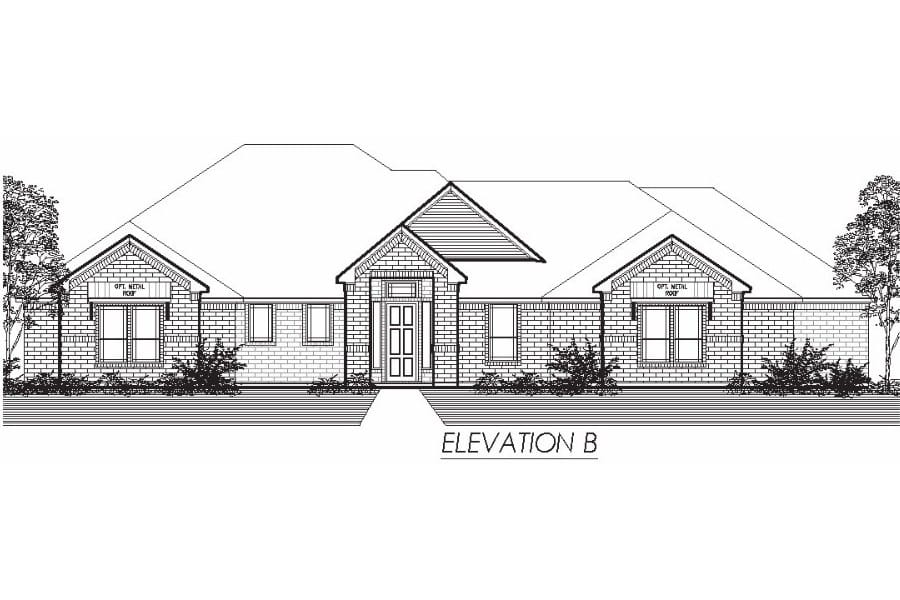 Architectural drawing of a single-story residential house elevation, labeled "elevation b".