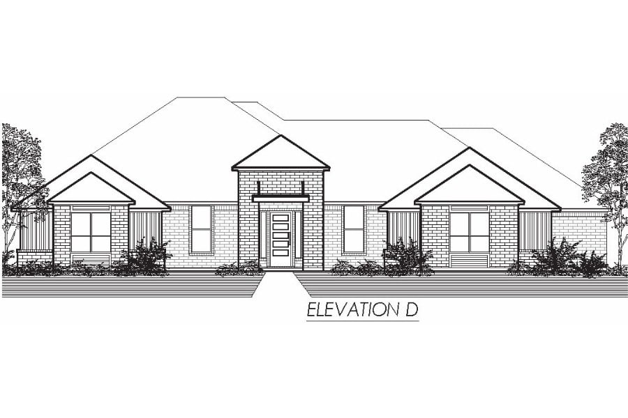 Architectural drawing of a single-story residential building front elevation, labeled "elevation d".