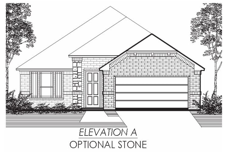 Architectural line drawing of a single-story house with an attached garage and optional stone facade, labeled "elevation a.