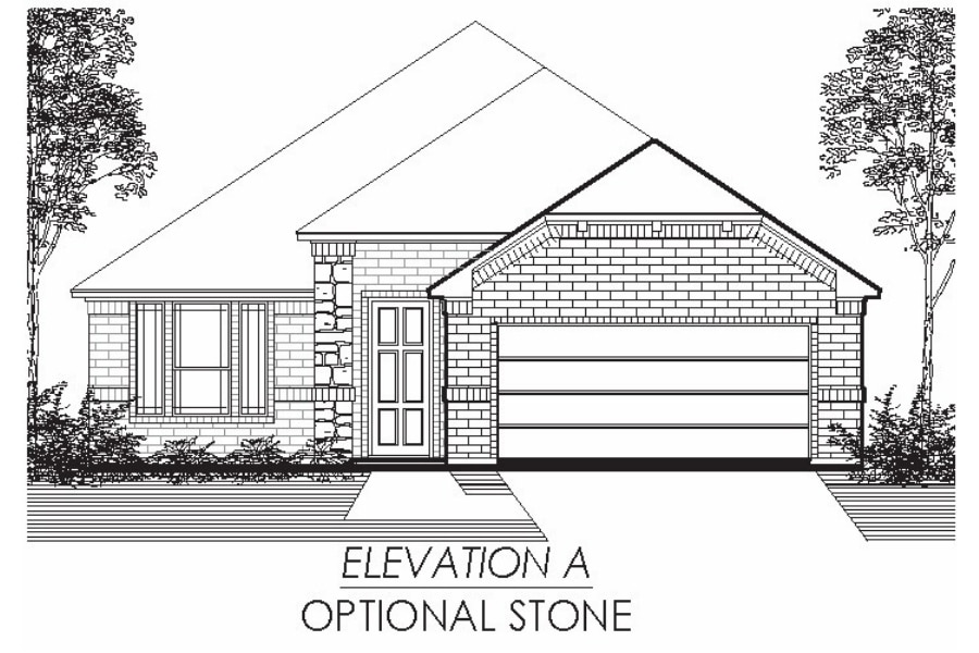Architectural drawing of a single-story house with an attached garage and optional stone facade, labeled "elevation a.