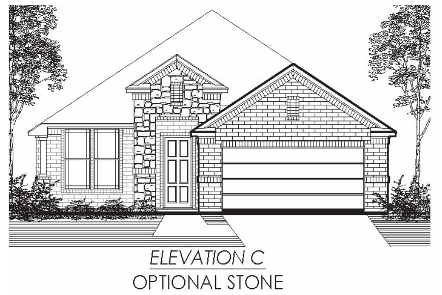 Architectural drawing of a single-story residential house with optional stone elevation.