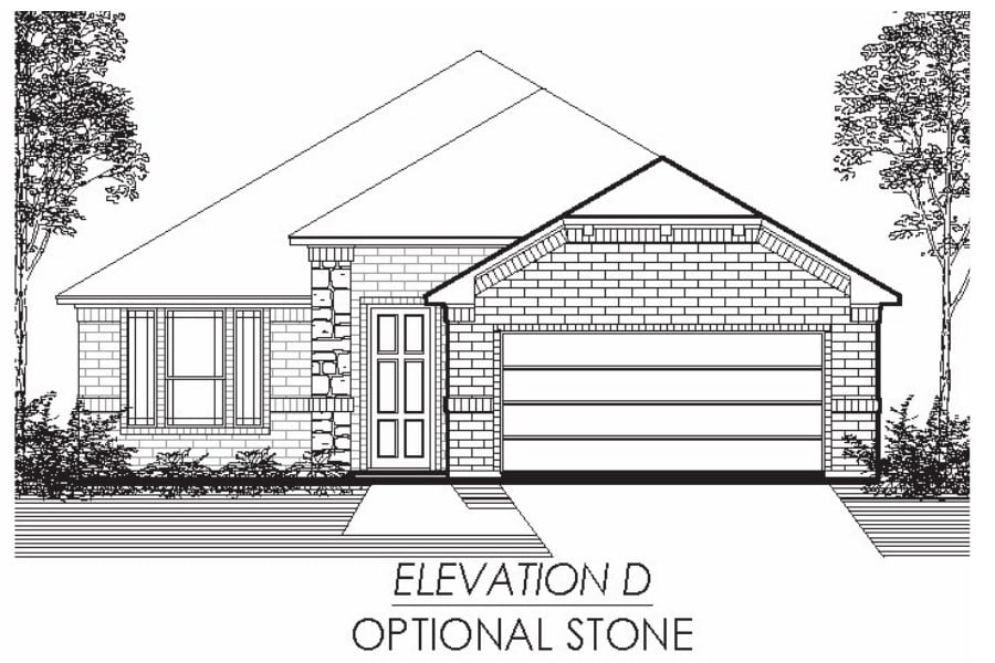 A black and white architectural drawing of a single-story house with an attached garage and optional stone facade, labeled "elevation d".
