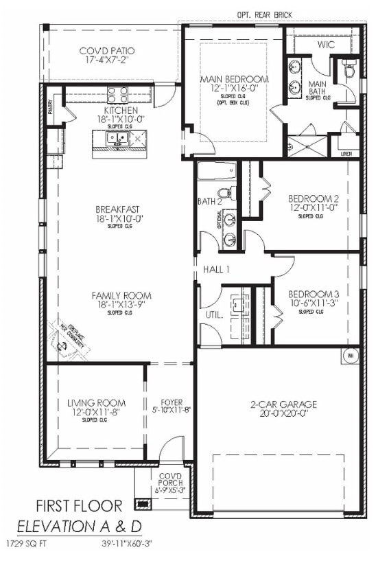 Architectural floor plan of a two-story residence's first floor with labeled rooms and dimensions.