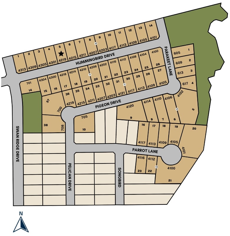 Illustration of a planned residential area with named streets and numbered plots.