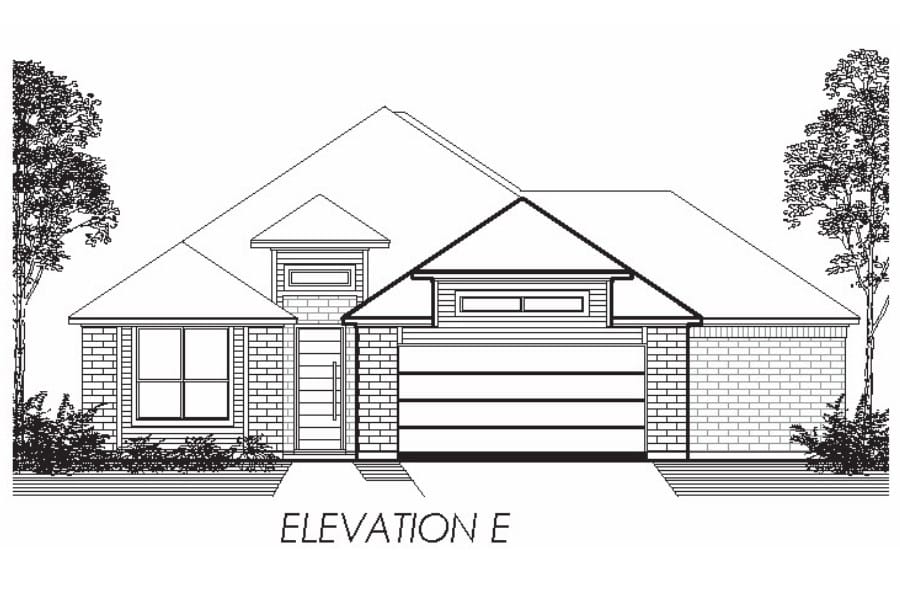 Architectural line drawing of a single-story house front elevation labeled "elevation one.