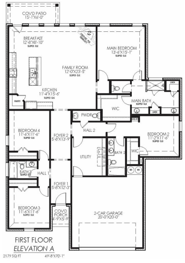 Architectural floor plan of a single-story, four-bedroom house with dimensions and layout details.