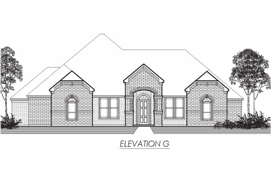 Architectural line drawing of a single-story residential facade, labeled "elevation g".