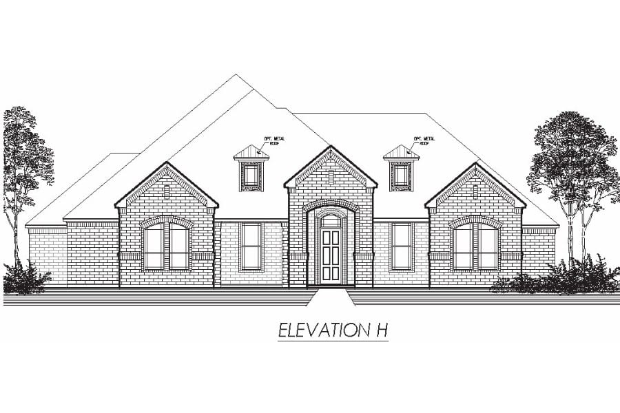 Architectural drawing of a single-story residential house with a symmetrical facade, labeled "elevation h.