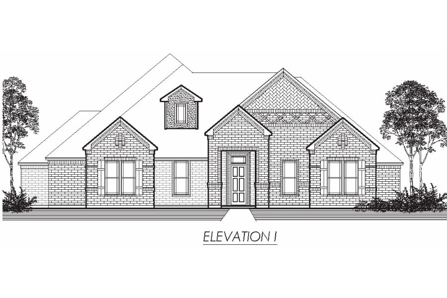 Architectural drawing of a single-story residential house front elevation.