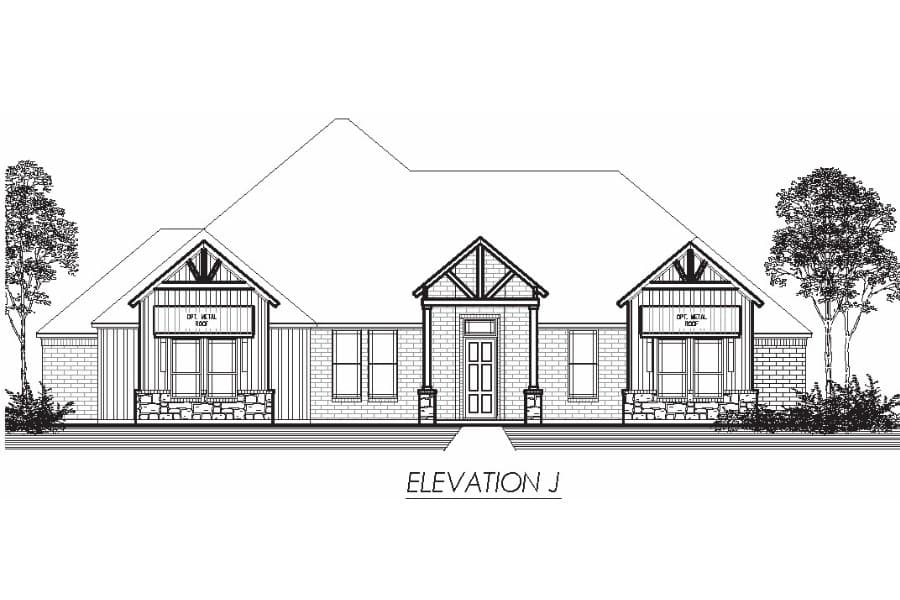 Architectural drawing of a single-story residential facade with labeled elevation j.