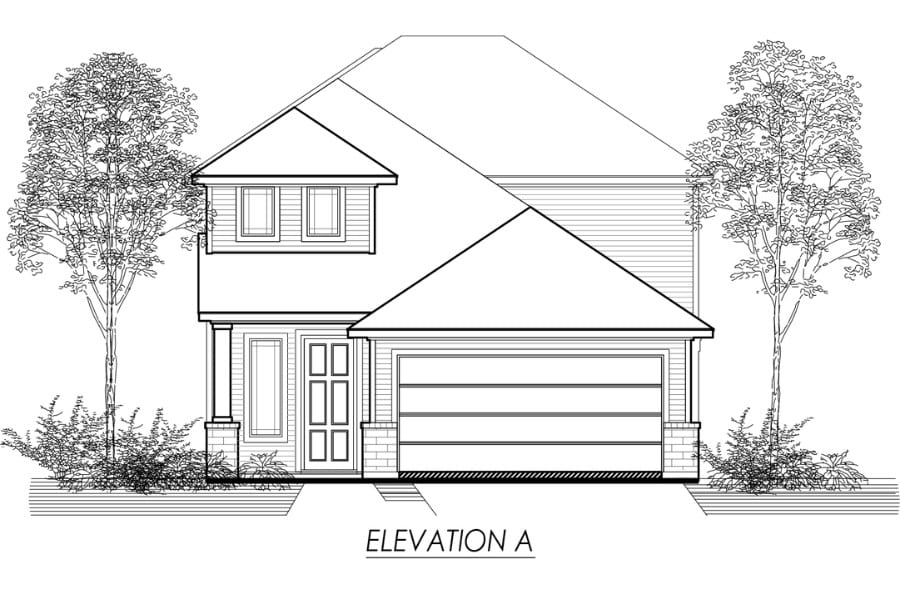 Architectural line drawing of a two-story residential house facade, labeled "elevation a".