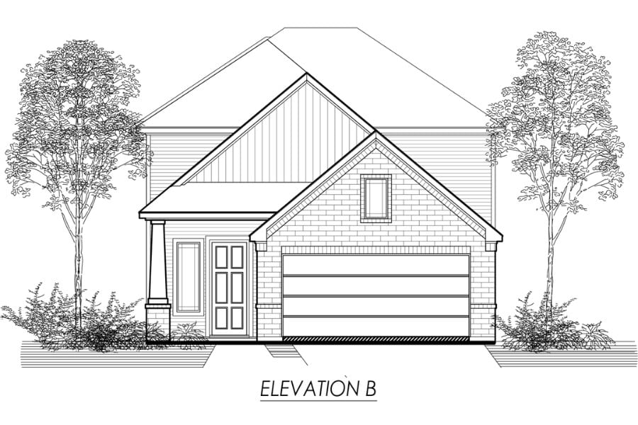 Architectural line drawing of a single-story house with a front-facing garage, labeled "elevation b.