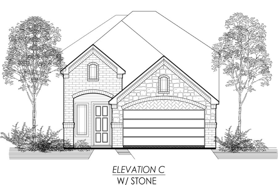 Architectural line drawing of a single-family house with labeled elevation c and stone accents.