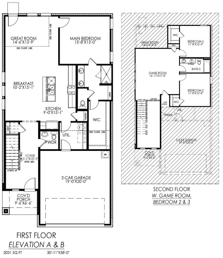 Blueprint of a two-story home showing layout details for the first and second floors, including room dimensions and garage space.
