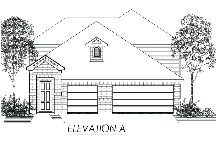 Architectural line drawing of a house's front elevation with trees.