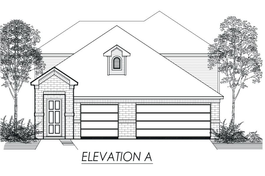 Architectural line drawing of a single-story house with a double garage labeled "elevation a".