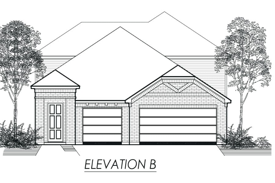 Architectural drawing of a single-story house front elevation labeled 'elevation b' with a double garage and trees in the background.