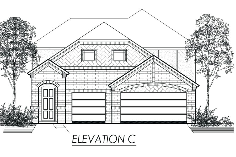 Architectural line drawing of a suburban house elevation labeled "elevation c" with a double garage and trees.