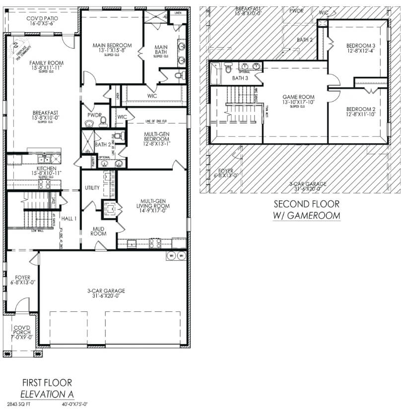 Black and white architectural drawing of a two-story house floor plan, displaying labeled rooms and dimensions.