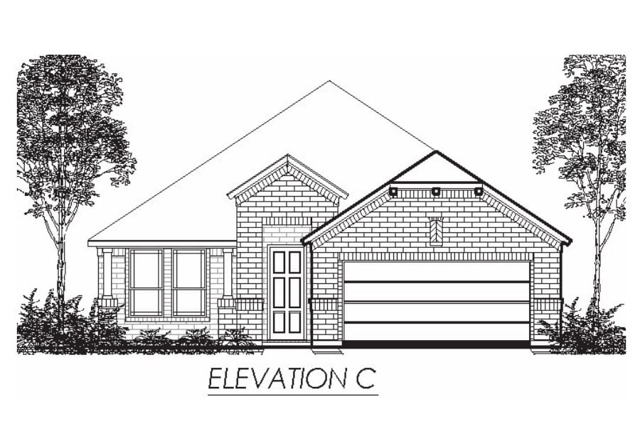 Architectural drawing of a single-story house with a gabled roof, brick facade, and attached garage, labeled "elevation c".