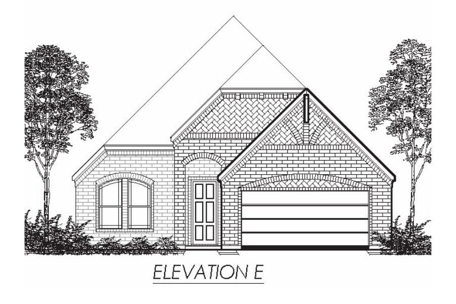Architectural line drawing of a single-story house elevation with a gabled roof and attached garage.