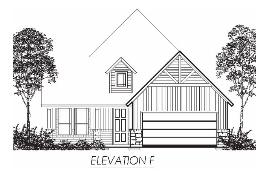 Architectural line drawing of a house front elevation labeled "elevation f" with two trees.