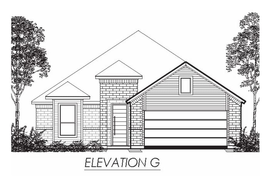Architectural drawing of the front elevation of a residential house with trees in the background, labeled "elevation g.