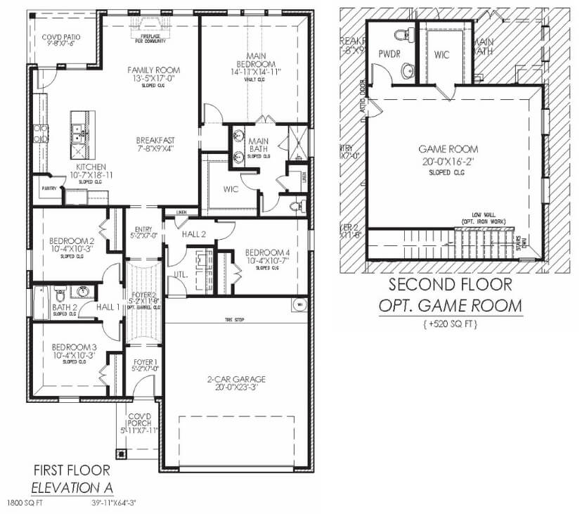 Architectural floor plan of a two-story residential house with optional game room addition.