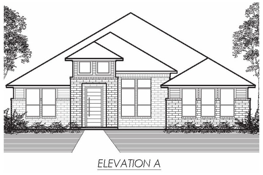 Architectural drawing of the front elevation of a single-story house with a gabled roof.