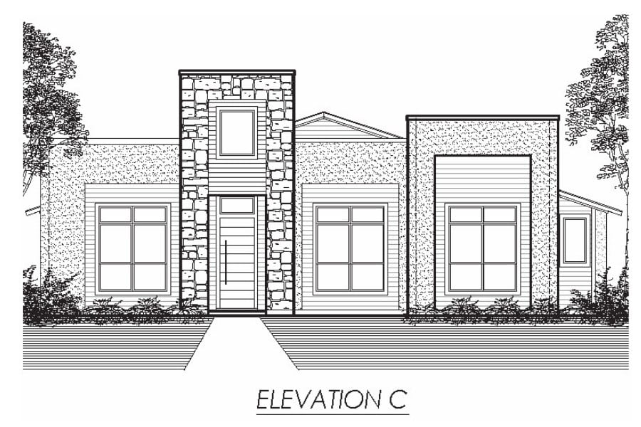 Architectural drawing of a single-story house facade labeled "elevation c.